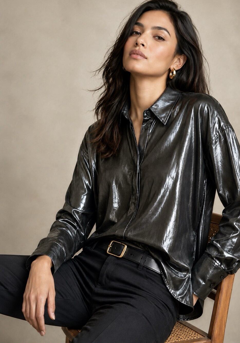 Anthropologie Black Liquid Shine Button Front Blouse Oversized Hidden Placket M